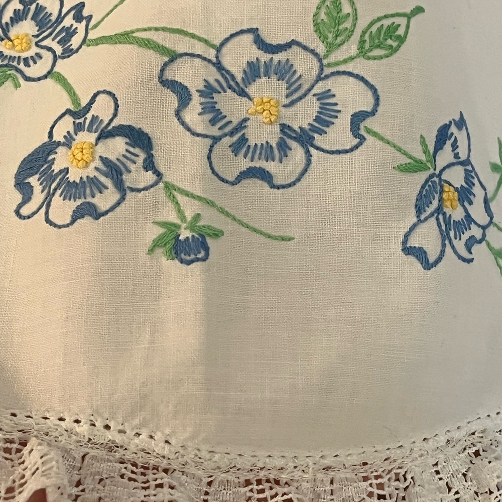 Pair of Handmade & Crosstiched Pillowcases w/lace Border 29” x 21.5” Never Used - Picture 3 of 10